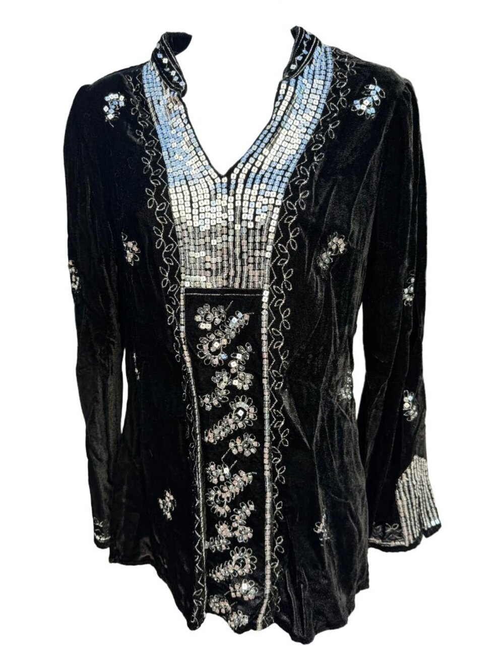 Black velvet goth hippie embroidered sequin top